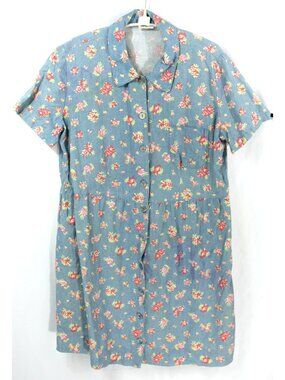 Vintage Match Blue Floral Linen Short Sleeve Mini Dress Grunge Y2K 6 Sm 1990s